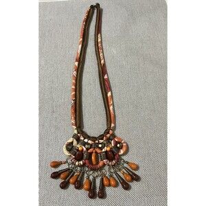 Chunky Boho Beads Double Cord Bibb Necklace Russet Fall Western READ